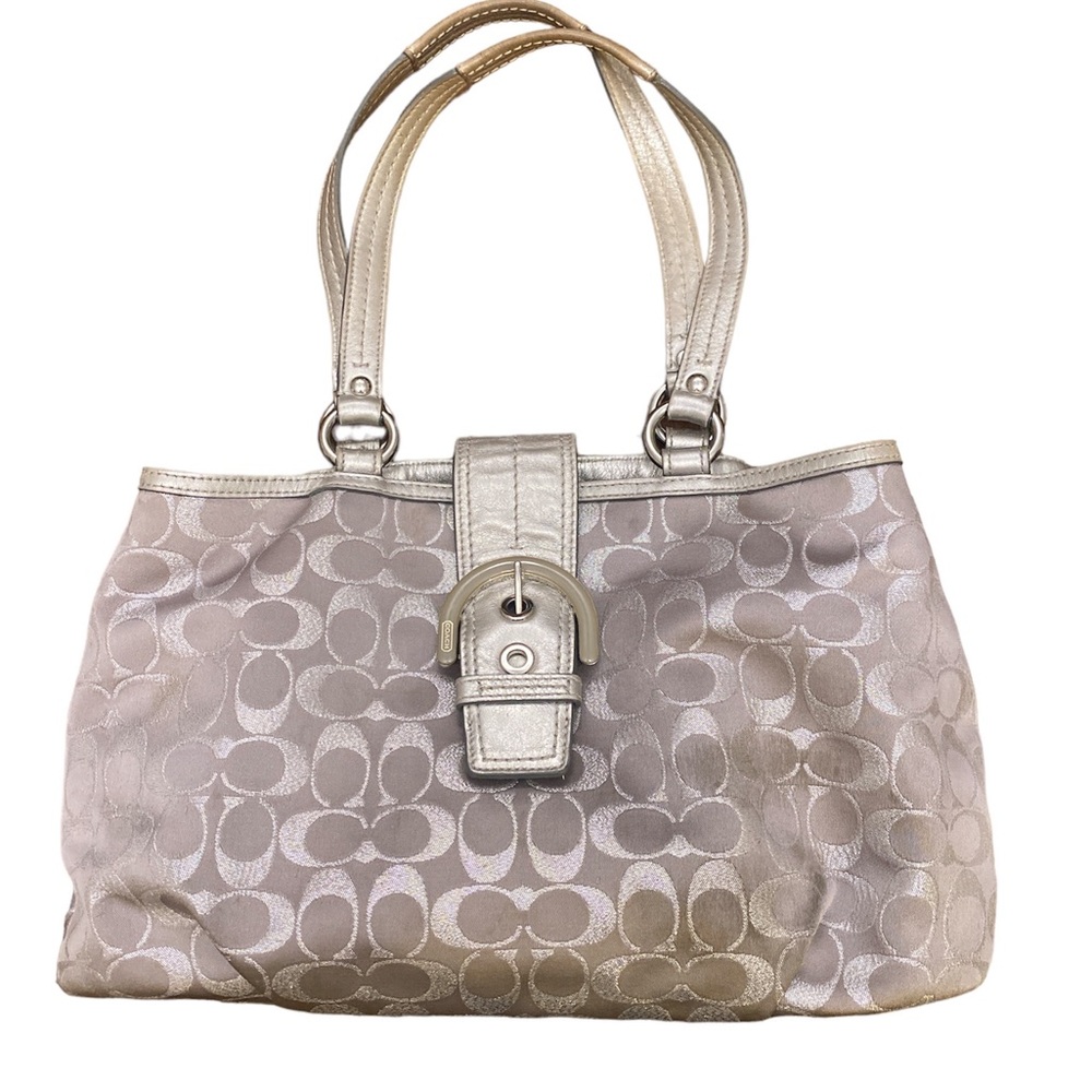 Coach Silver gray Buckle signature jacquard shoulder bag purse handbag satchel